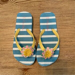 Mini Boden Blue & White Stripe Flip-Flops with Yellow Floral Accents